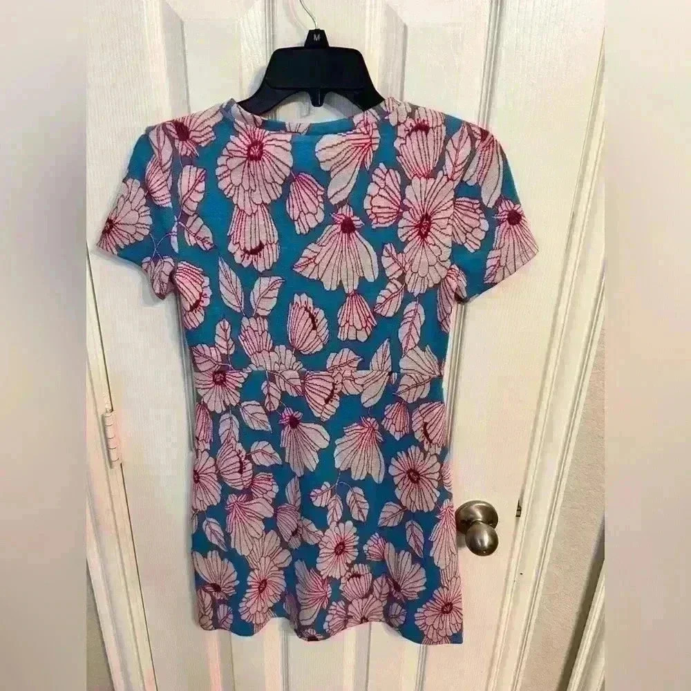NWT Zara Floral Jacquard Light Blue Keyhole Mini Dress Size S - Picture 2 of 4